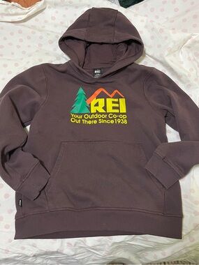 REI Kids large Hoodie in Brown with Yellow & Green Logo